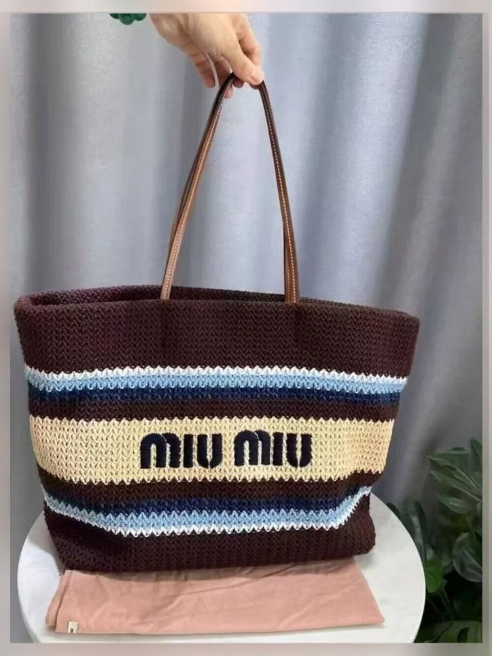 Miu Miu Brown Crochet Stripe Tote Bag